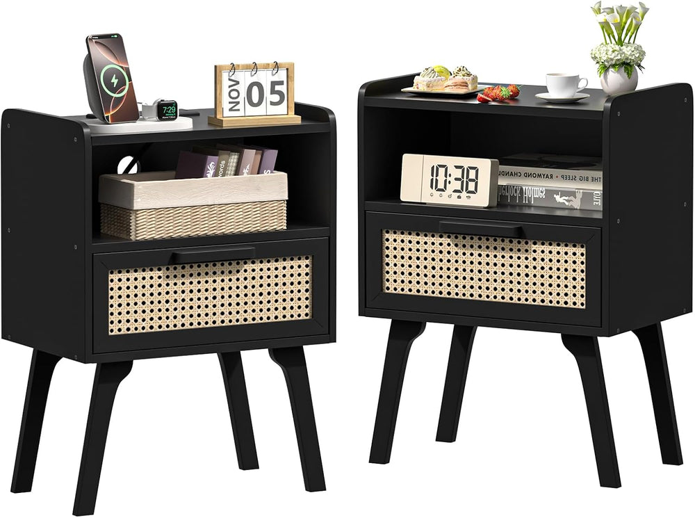 Lerliuo Rattan Nightstands Set of 2, Bedside Table with Drawer Open Shelf, Ca...