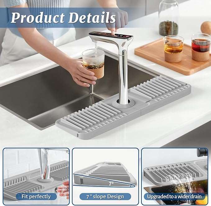 PoYang 17.7 inch Faucet Mat for Kitchen Sink Splash Guard, 7° Slope Silicone - Image 9