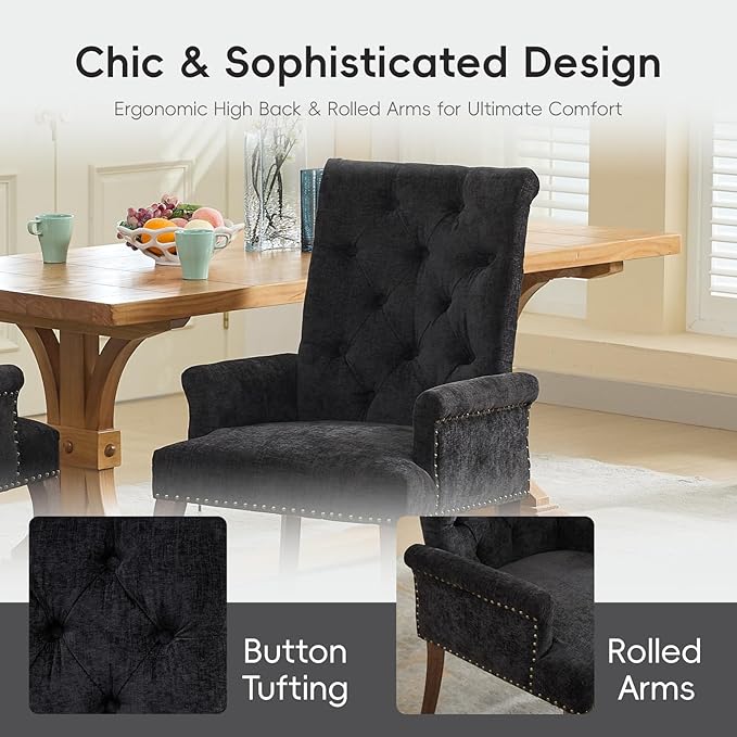Upholstered Tufted Chenille Dining Chairs with Arms & Nailhead Trim – Sol...