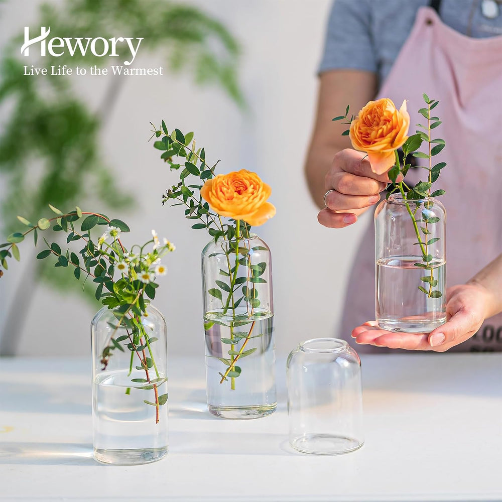 Glass Bud Vases for Flowers - Hewory Blown Modern Small Glass Vases for Cente...