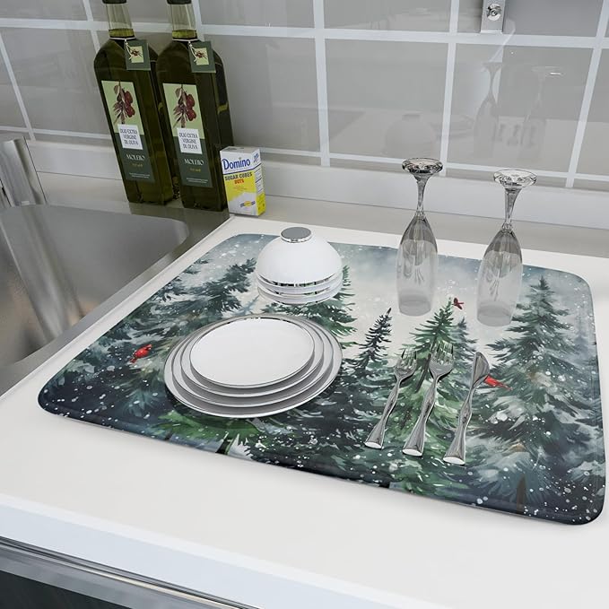 Winter Dish Drying Mat for Kitchen Counter Winter Pine Tree Dish Drying Mat - Image 6