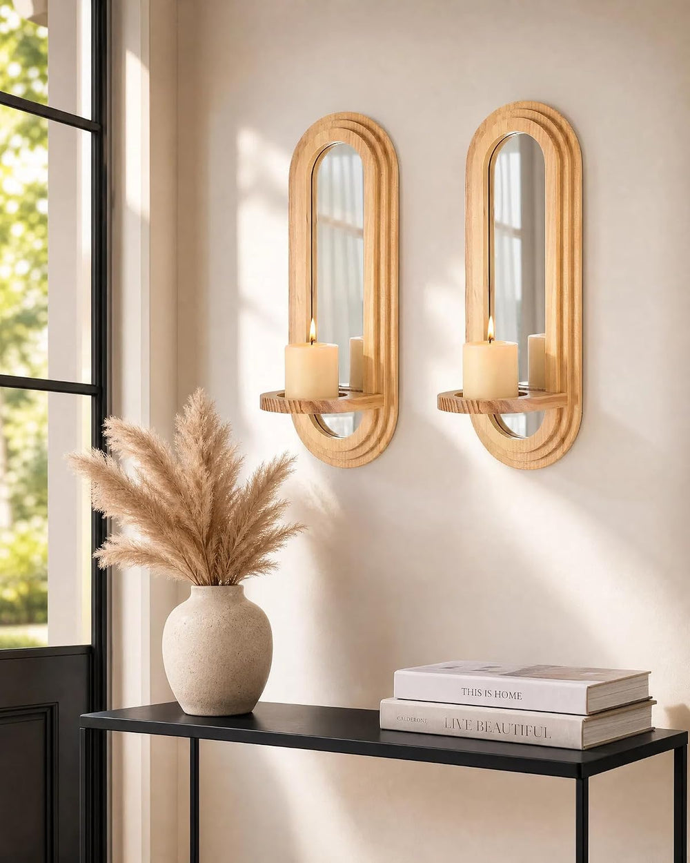 Wood Wall Sconce Candle Holder with Mirror - Set of 2 Wooden Candle Holders,F...