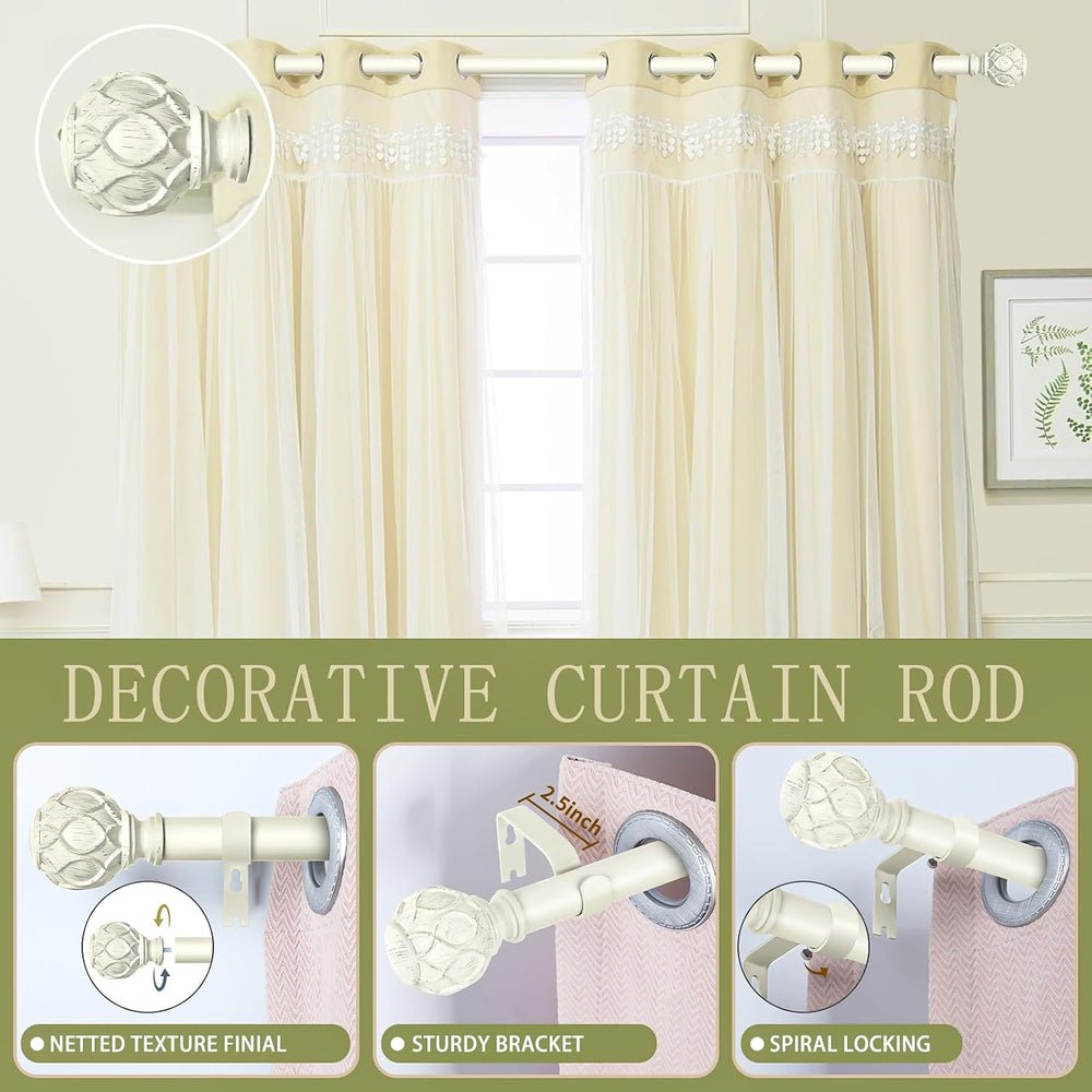 Farmhouse Curtain Rod Adjust 36-88",Heavy Duty Boho,Antique White