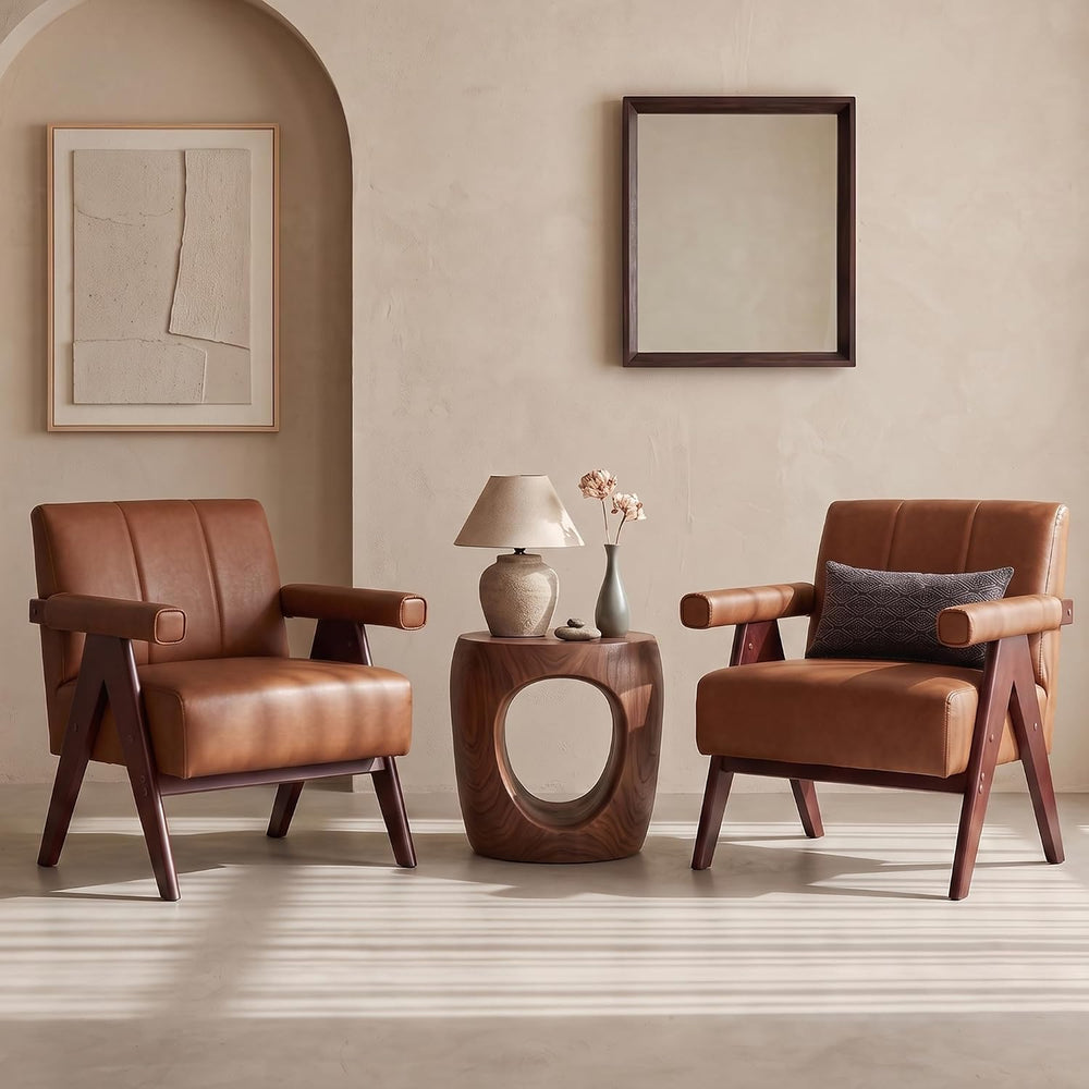 JIASTING Mid Century Modern Accent Chair Set of 2, Brown Leather Armchair