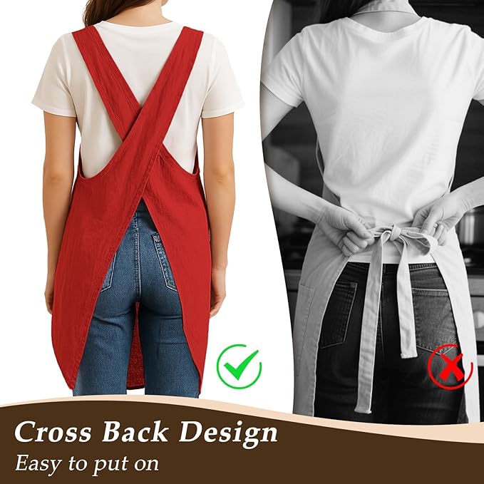 Apron for Women with Pocket Cotton Linen, Japanese Cross Back Apron for - Image 4