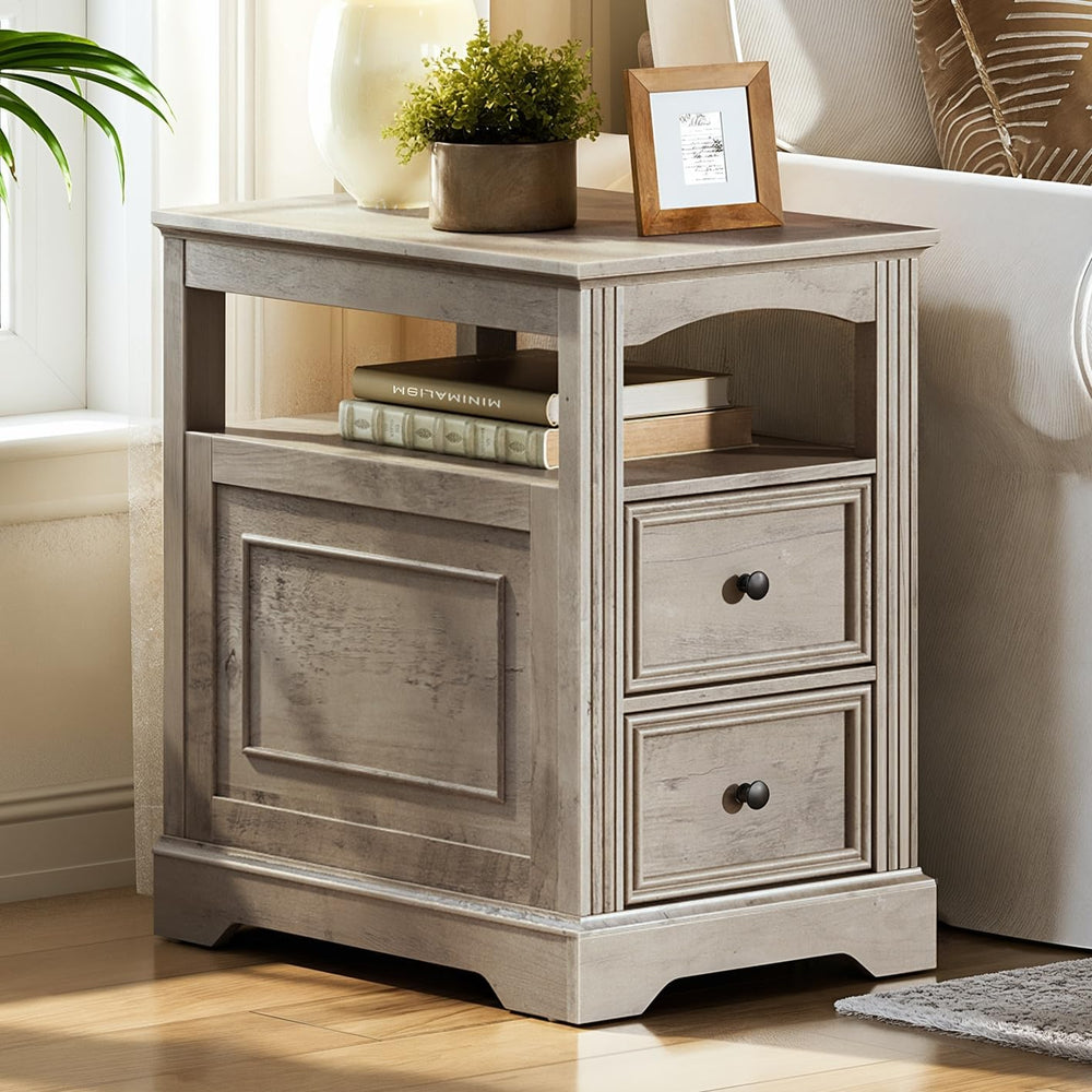 RALGEND Farmhouse End Table with 2 Drawers and Open Shelf, Greige