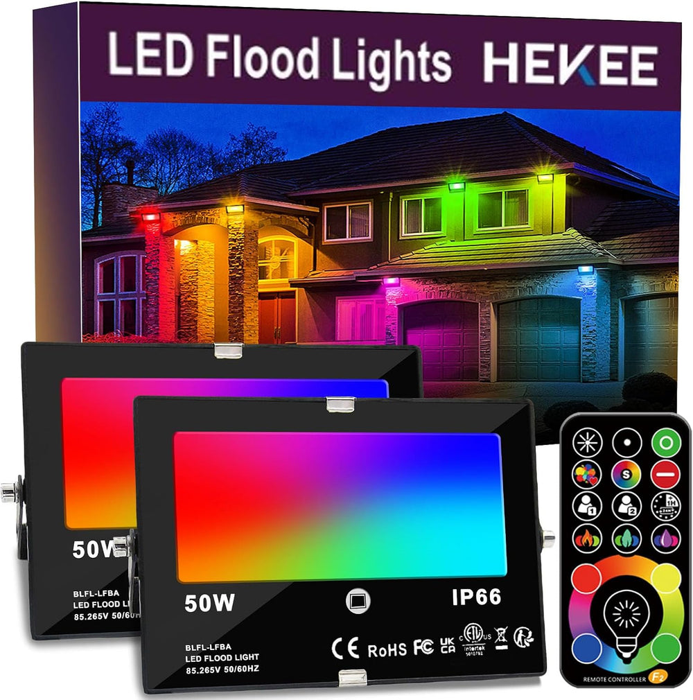 HEKEE LED Flood Light Outdoor, 50W RGB Color Changing Floodlight with Remote ...
