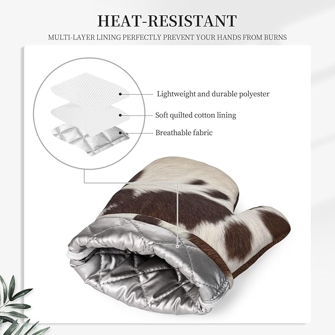 Cow Print Oven Mitts Pot Holders Cooking Apron Set of 5 Silicone Brown Cowhide - Image 3