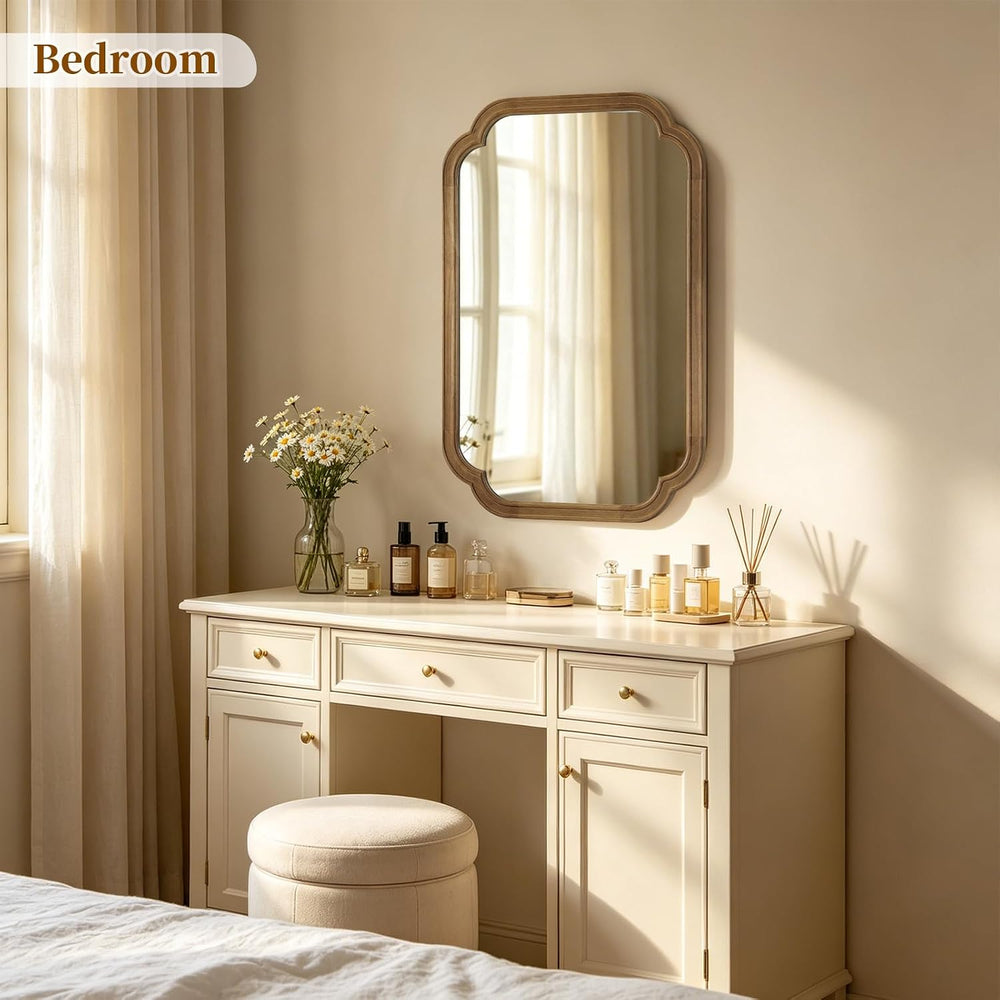 Wood Bathroom Mirror for Wall Decor Arched Rounded Corner Rustic Wood Frame W...