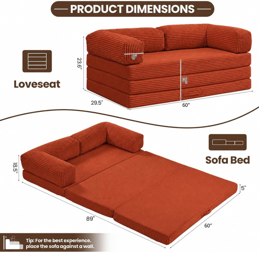 5-in-1 Convertible Sofa Bed,60" Boneless Couch with Pull Out Bed,Tri-Fol...