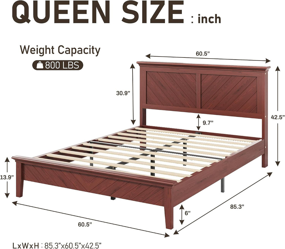 Lifezone Solid Acacia Wood Queen Bed Frame with Headboard Cherry Finish