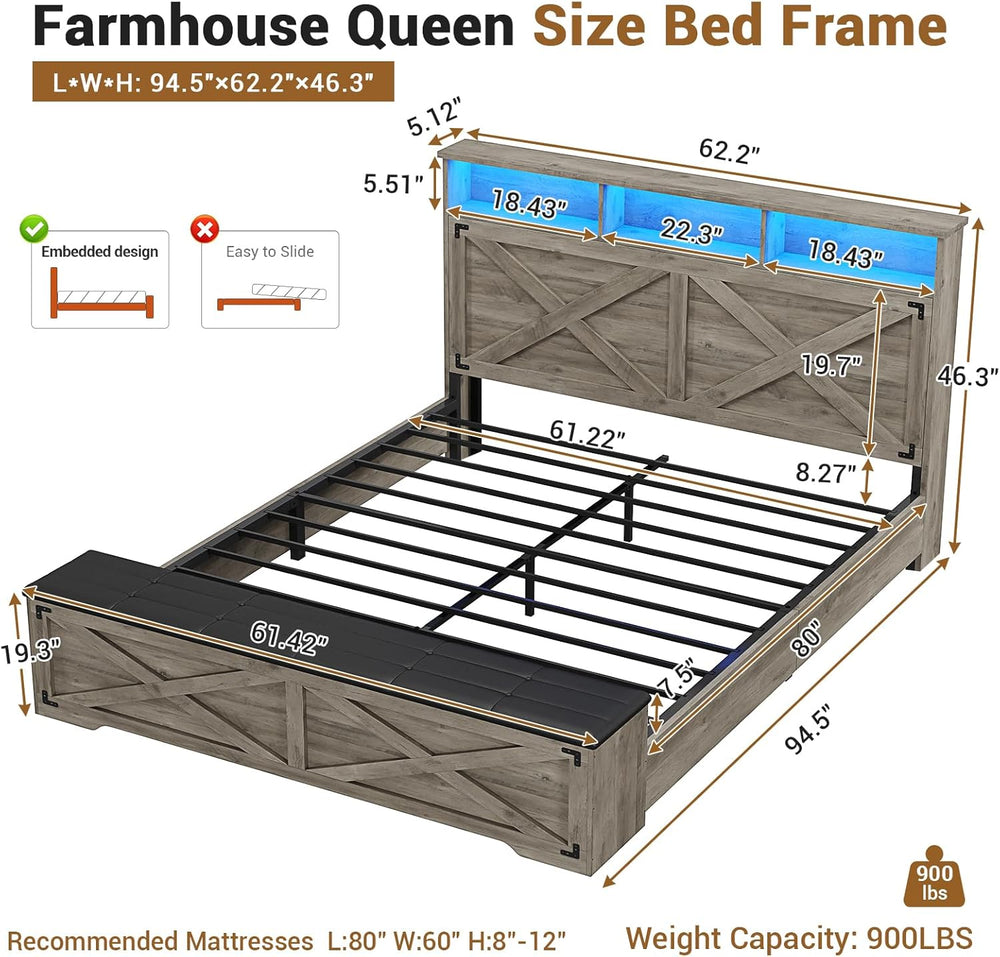 Queen Size Bed Frame with Storage Ottoman, Farmhouse Bed Frame with Charging ...