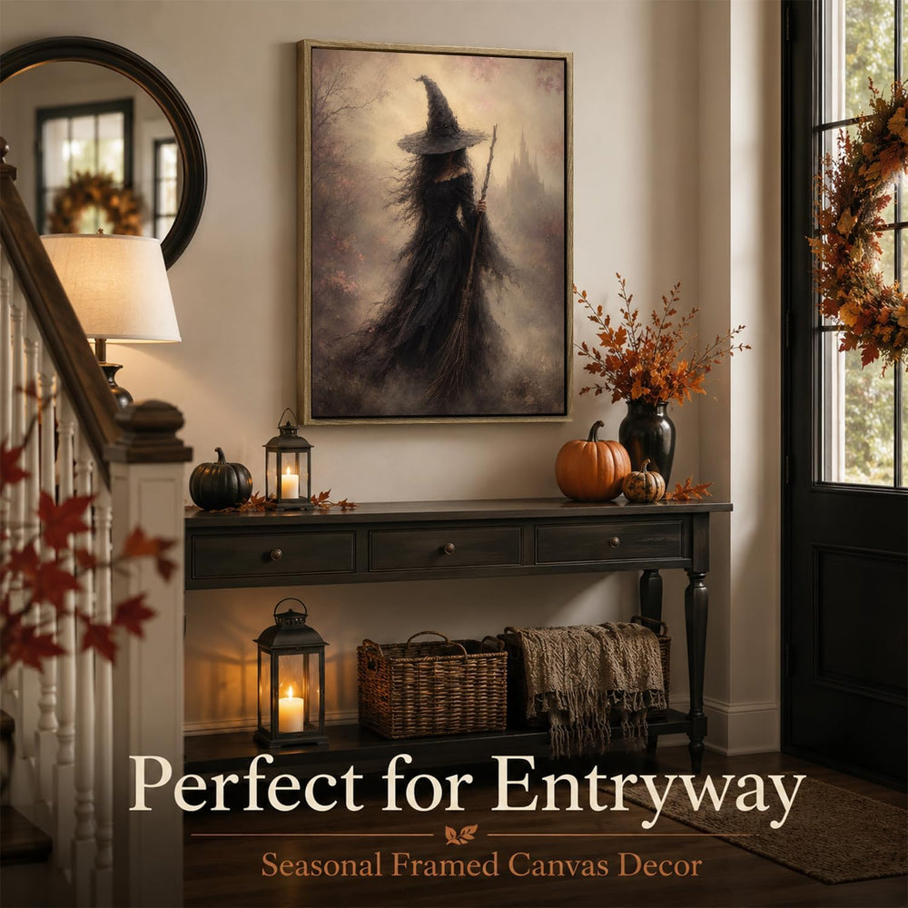Halloween Framed Wall Art, Dark Witch with Broomstick Halloween Pictures