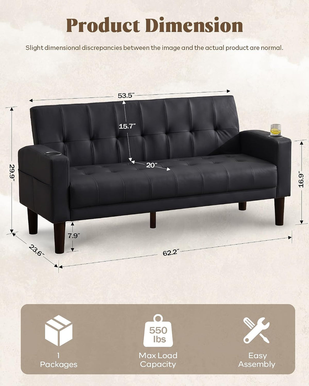 62'' Black faux Leather Tufted Upholstery Loveseat for Living Room