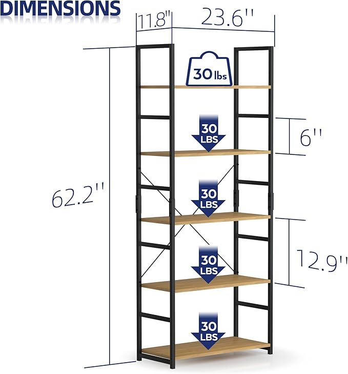 NUMENN 5 Tier Bookshelf, Tall Bookcase Shelf Storage Organizer, Modern Book S...