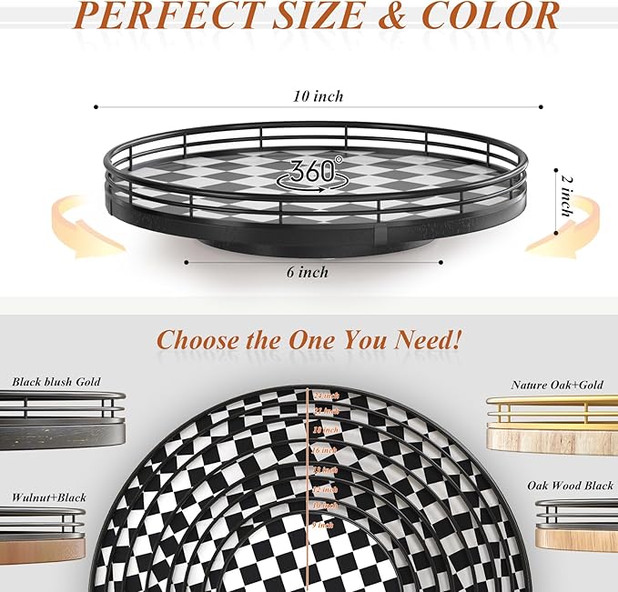 Black and White Kitchen Lazy Susan Turntable – Checkered Round Decorative Tray - Image 6