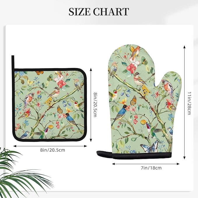 Bird Oven Mitts and Pot Holders Sets 3PCS, Floral Botanical Print Silicone Oven - Image 2