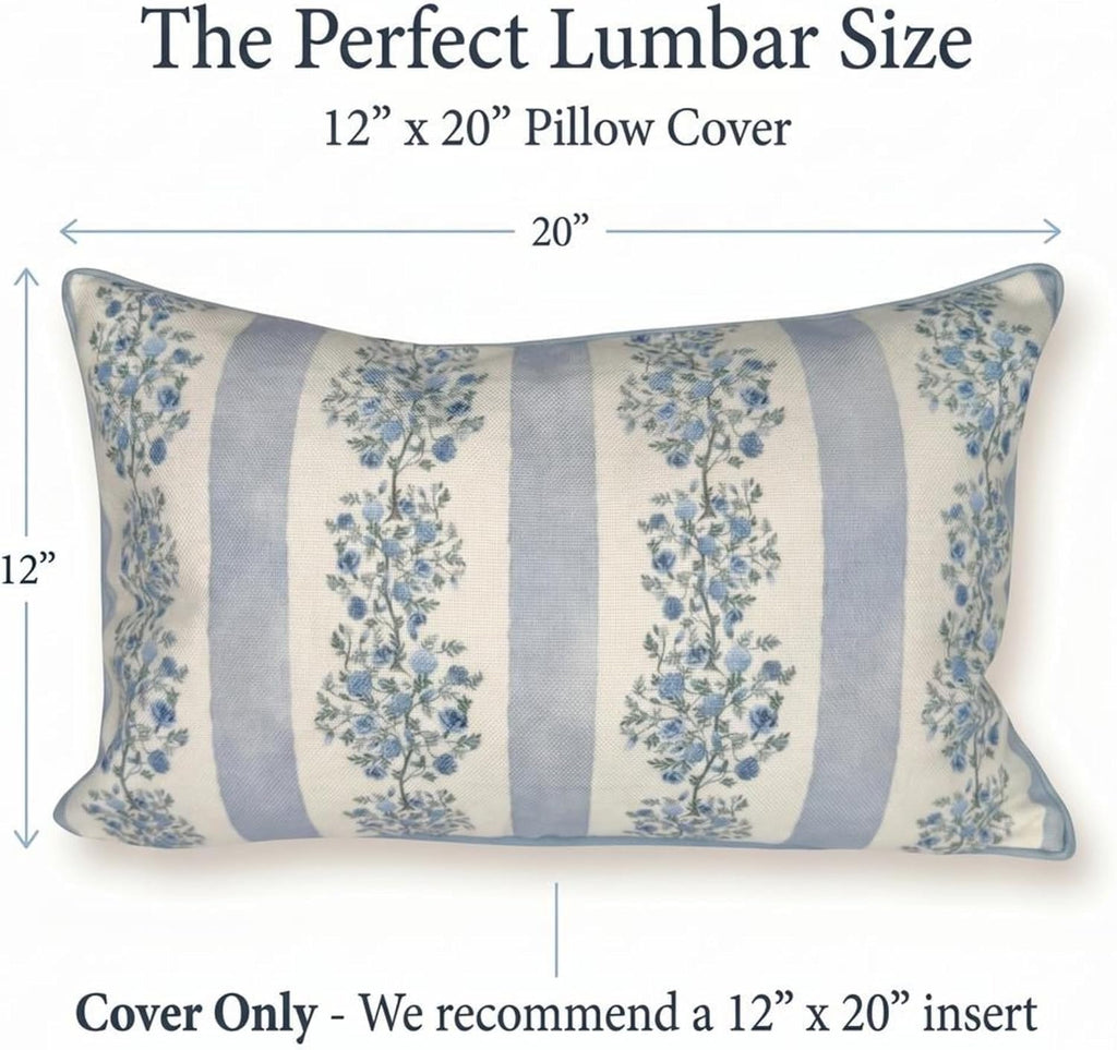 “The Juliet” Floral Block Print Pillow Cover – Soft Blue and Off-White Decorative Throw Pillow Cover – Grandmillennial Home Decor, 12"x20"