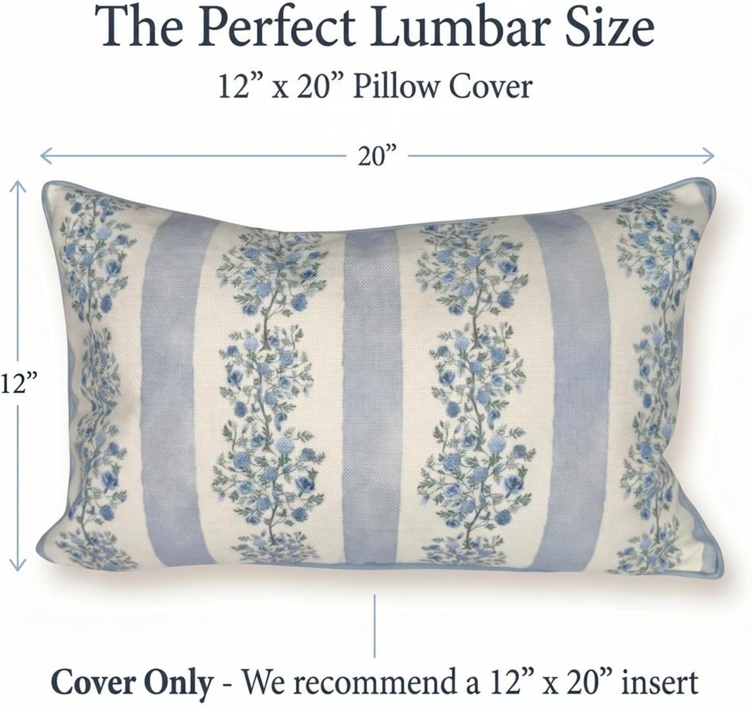 “The Juliet” Floral Block Print Pillow Cover – Soft Blue and Off-White Decorative Throw Pillow Cover – Grandmillennial Home Decor, 12"x20"