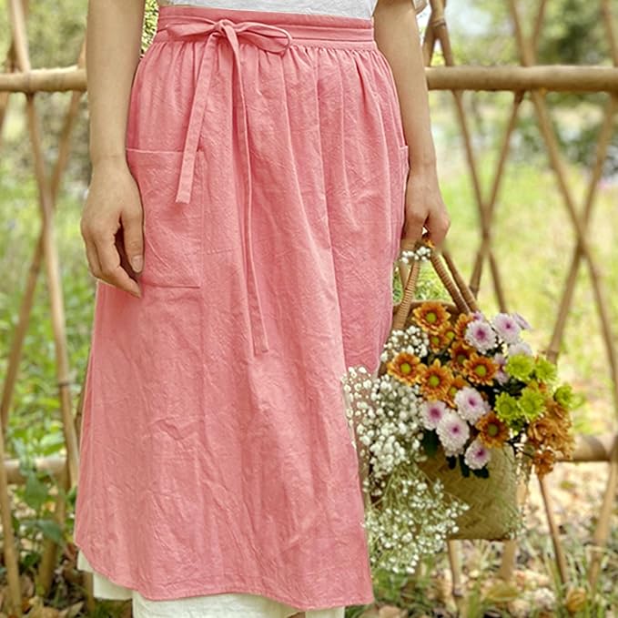 Cotton Linen Half Apron for Women Vintage Waist Apron Ruffle Plain Bright Color - Image 2