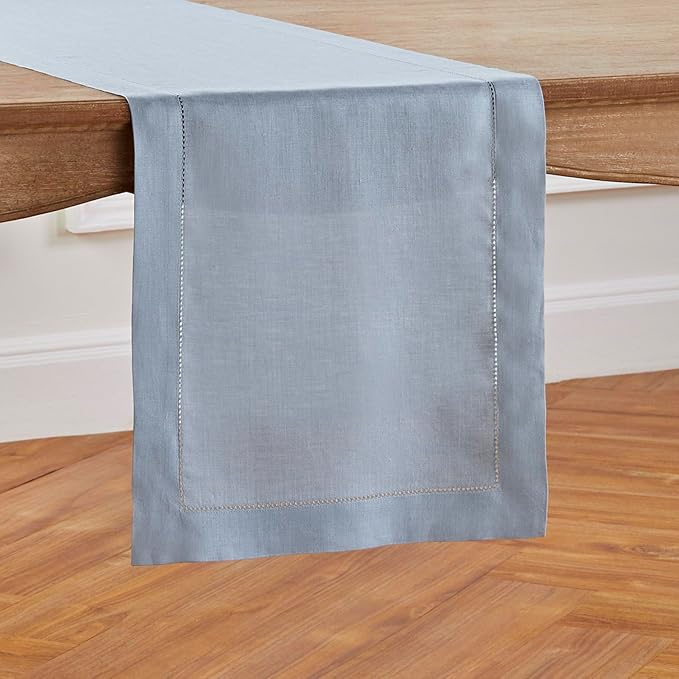 Solino Home Linen Dusty Blue Table Runner 48 Inches - Classic Hemstitch, 100%...