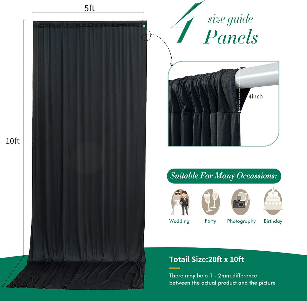20 ft x 10 ft Wrinkle Free Black Backdrop Curtain for Parties, 4 Panels 10ft ...
