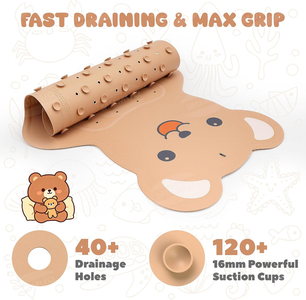 Kids Bathtub Mat Non Slip 30"x18" Soft Rubber Shower Mat for Kids | Baby Bath Mat for Tub, Bear Cartoon Design, 120+ Suction Cups, 40+ Drain Holes, Machine Washable Non-slip Tub Mat