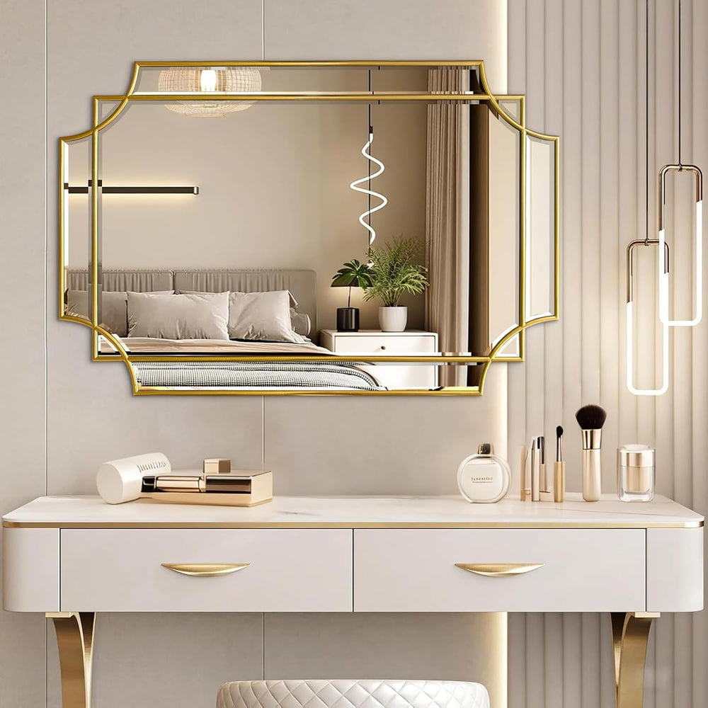 Gold Mirror for Wall, 36x24 Gold Wood Framed, Scalloped Beveled Polished Rect...
