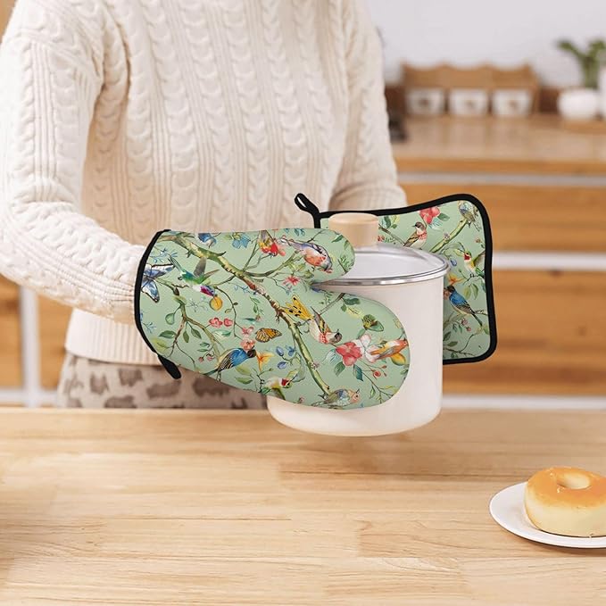 Bird Oven Mitts and Pot Holders Sets 3PCS, Floral Botanical Print Silicone Oven - Image 7