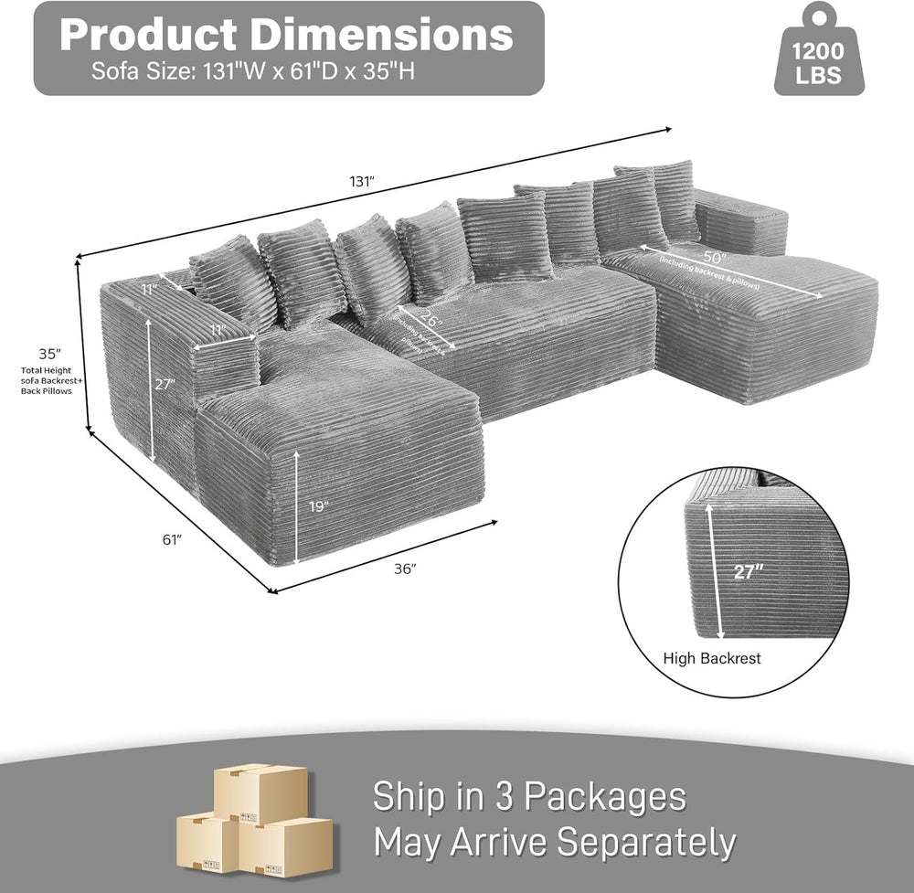 ONEMMLION 131" Oversized Cloud Boneless Couch Sofa with Chaise, Grey