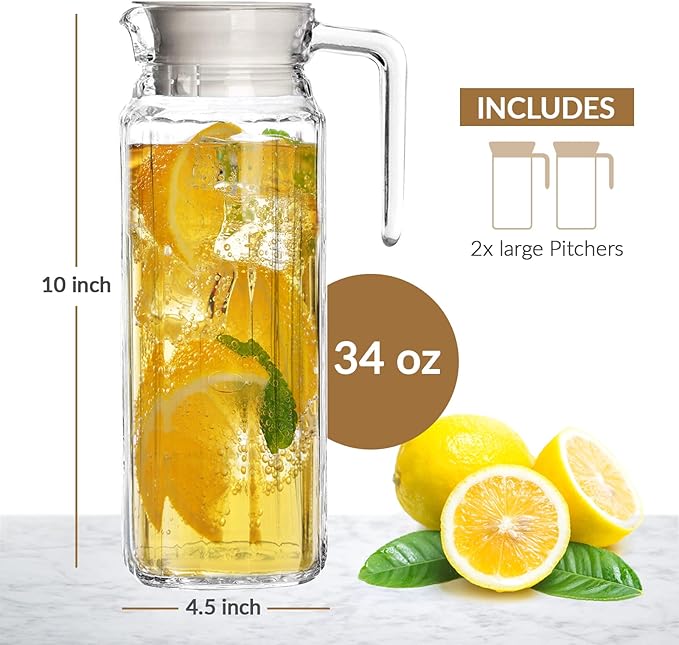 Glass Pitcher with Lid – Set of 2 34Oz Glass Water Pitcher – Cold Water Carafe - Image 2