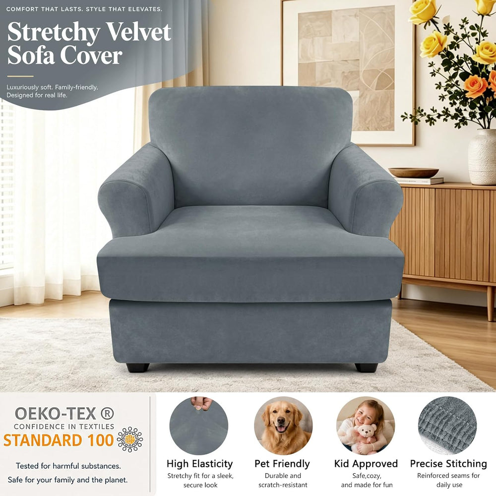 YEMYHOM Real Velvet 2 Pieces T Cushion Chair Covers with Arms Super Stretch C...