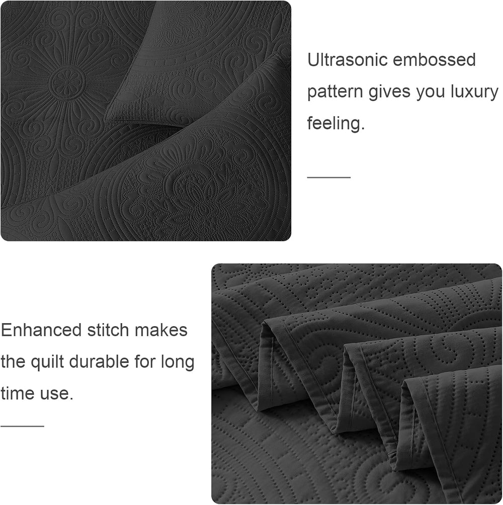WURUIBO King/Cal King Quilt Set Black,Ultrasonic Embossed Bedspread, Lightwei...