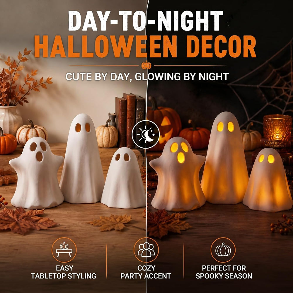LemonRoad 3 Pcs Halloween Terracotta Ghost Decor Indoor Tealight Holder