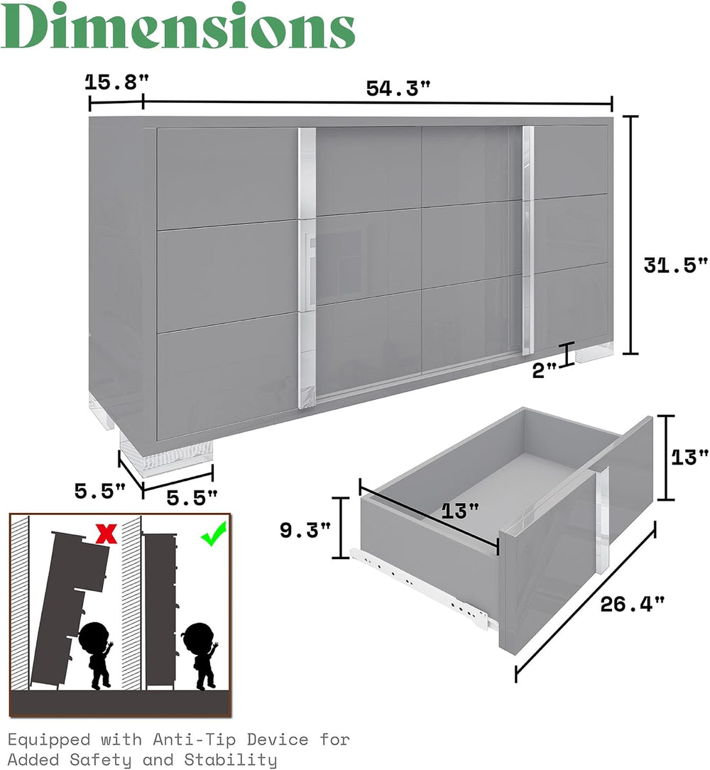 AMERLIFE 3-Piece Bedroom Set with 6-Drawer Dresser & 2 Nightstands, Grey