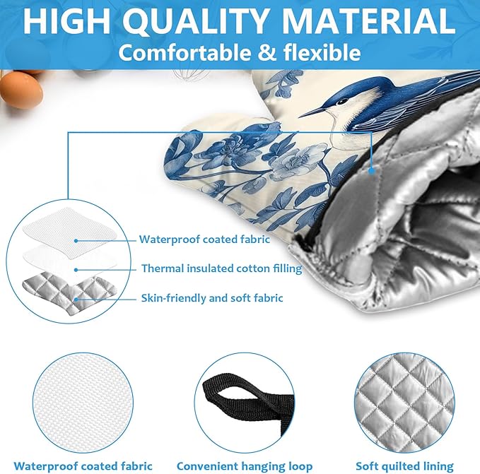 Blue Bird Blooming Flower Oven Mitts and Pot Holders Sets Heat Resistant 4Pcs - Image 3