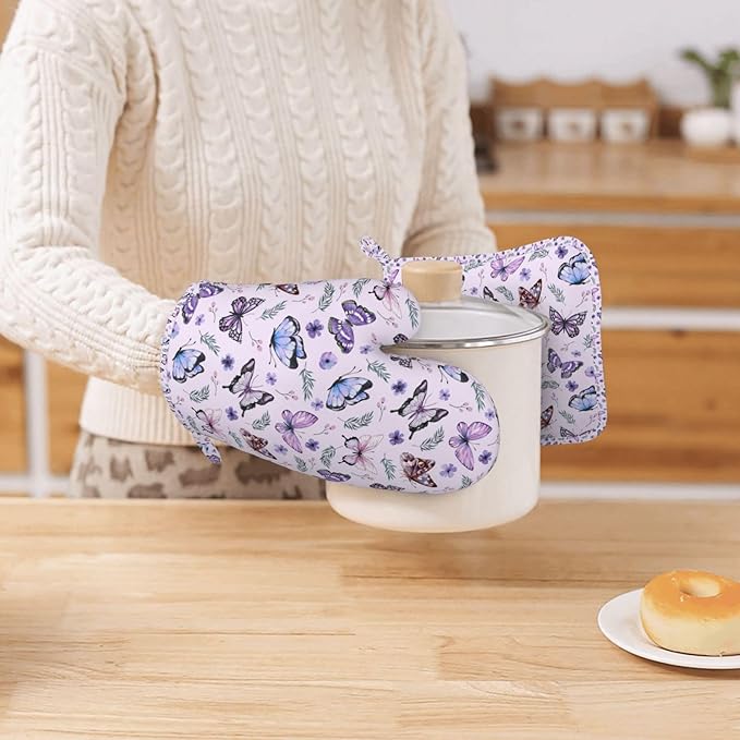 Butterflies Oven Mitts and Pot Holders Set, Cute Kitchen Accessories Heat - Image 2