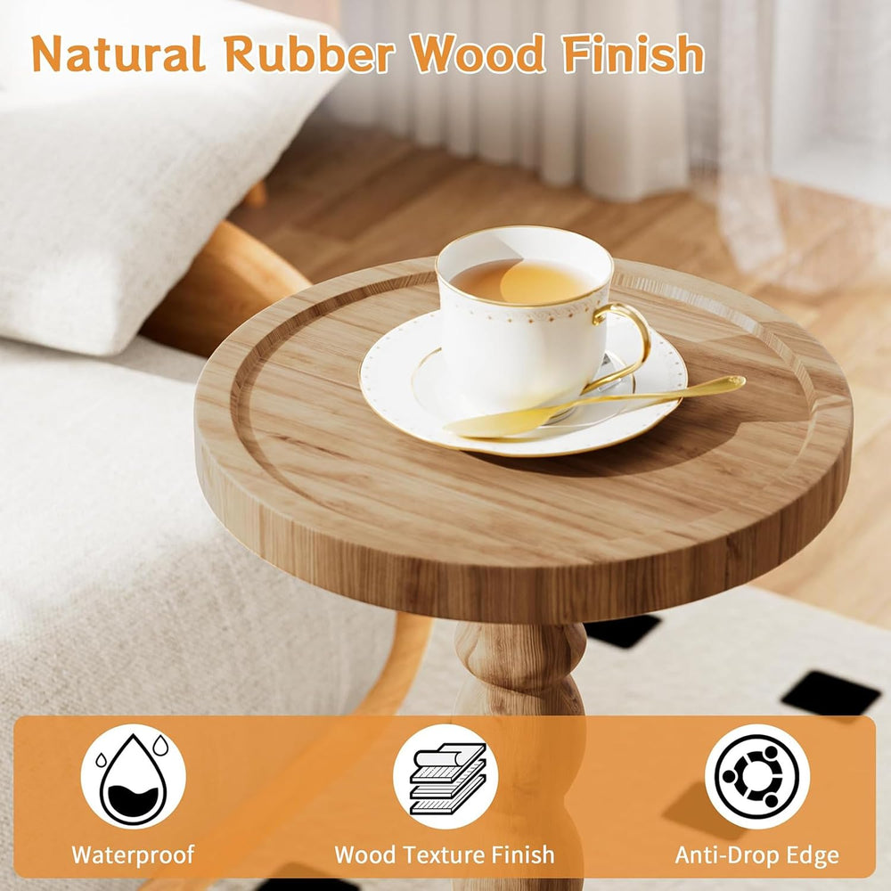 Small Side Table, Rubberwood‌ Drink Table for Small Spaces, Solid Wood Pedest...