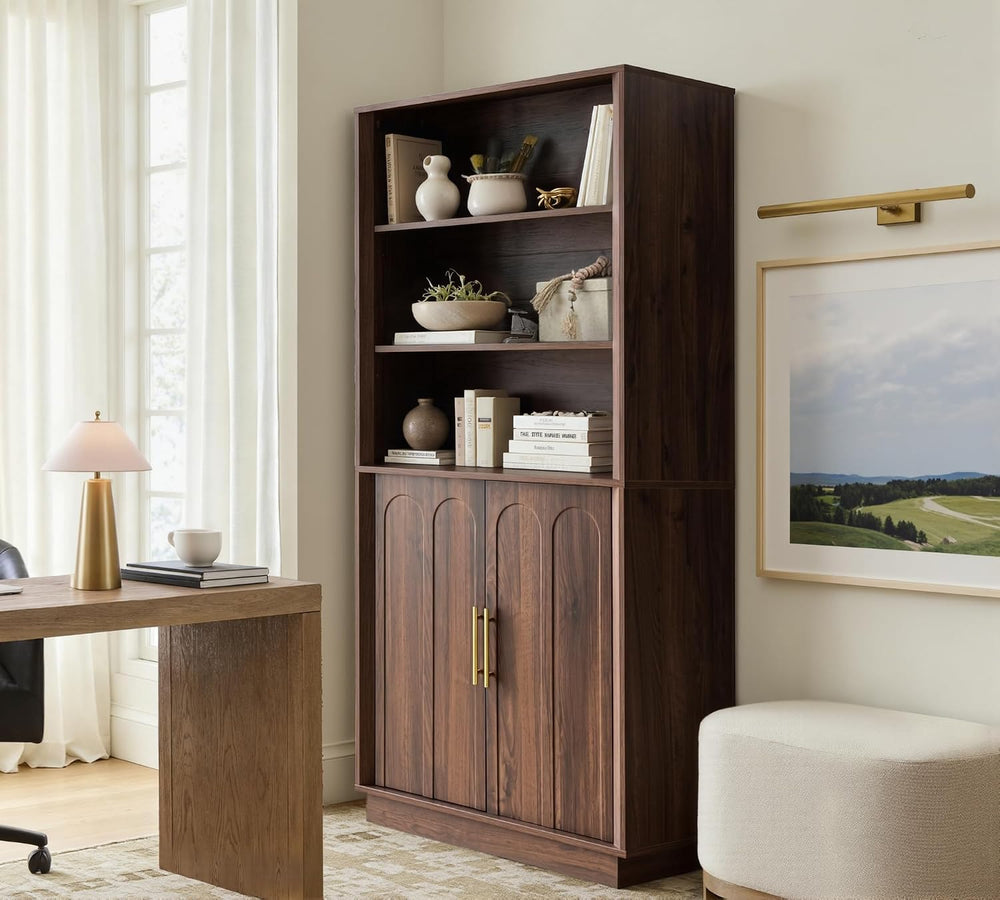 71" Tall Bookcase, 3-Tier Bookshelf with Storage, Walnut