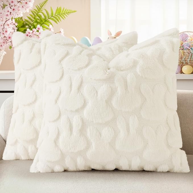 decorUhome Easter Bunny Pillow Covers 16x16 Inch Set of 2, Soft Plush Faux Wool by decorUhome