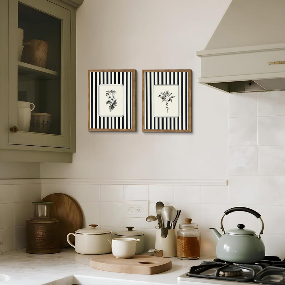 Framed Vintage Botanical Wall Art Set of 2, Black and White Striped Floral Ca...