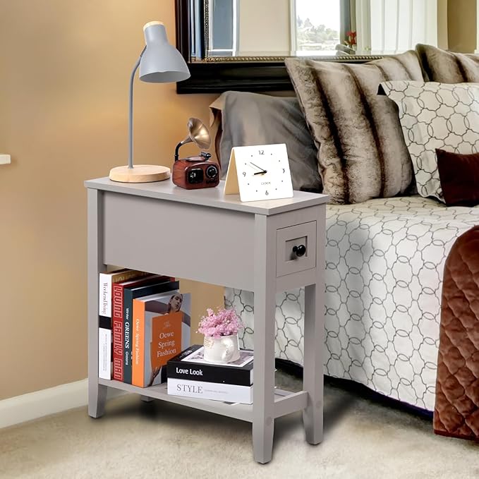 Gery 2 Pack Chairside Narrow End Table with Drawer, Solid Recliner Side Table...
