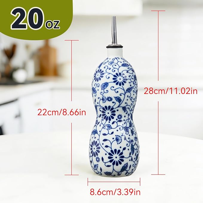 20oz Vintage Ceramic Olive Oil Dispenser Bottle, Gourd Shape Blue and White - Image 7