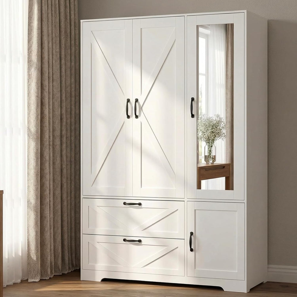 Armoire Wardrobe Closet with Mirror Door and LED Lights,3 Doors Farmhouse Bed...