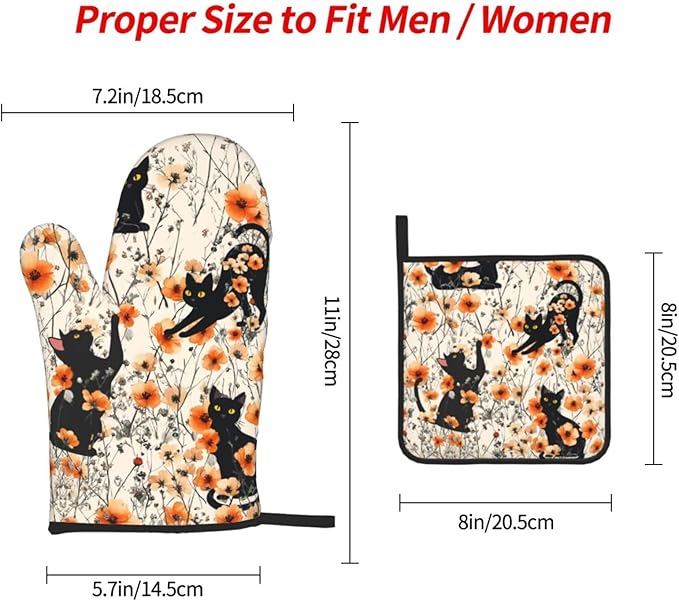 Orange Floral Pot Holders and Oven Mitts Set of 3, Cute Black Cat Kitchen - Image 4