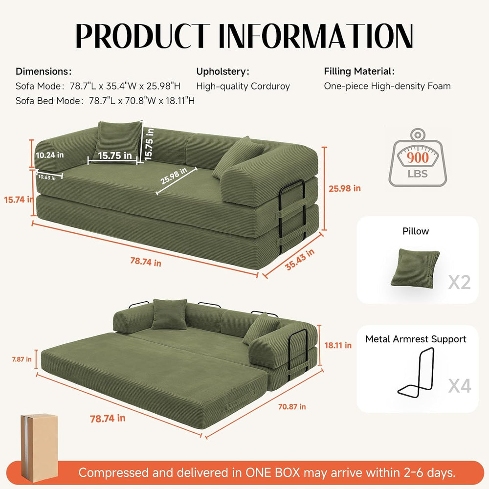 79" Corduroy Sofa Bed, Boneless Couch in a Box with 2 Pillows, High-Dens...