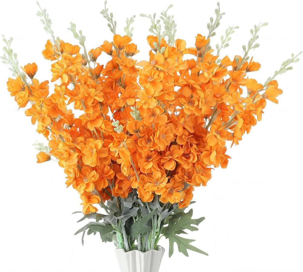 Thiccywoov 24 Pcs Orange Delphinium Artificial Flower Bulk Fall Flowers