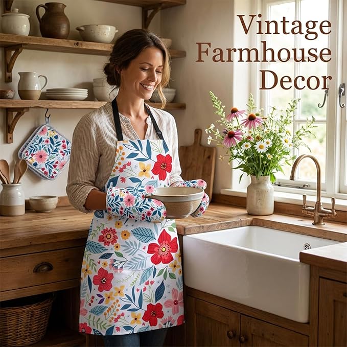 Floral Apron and Oven Mitt Set 5 Piece, Pioneer Woman Style Kitchen Aprons - Image 5