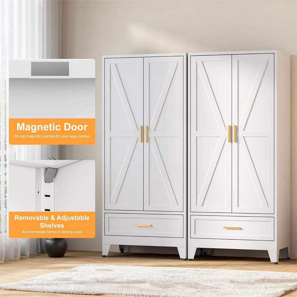 COFaR 71 Farmhouse Metal Wardrobe Closet with Hanging Rod, 2 Barn Doors, Adju...