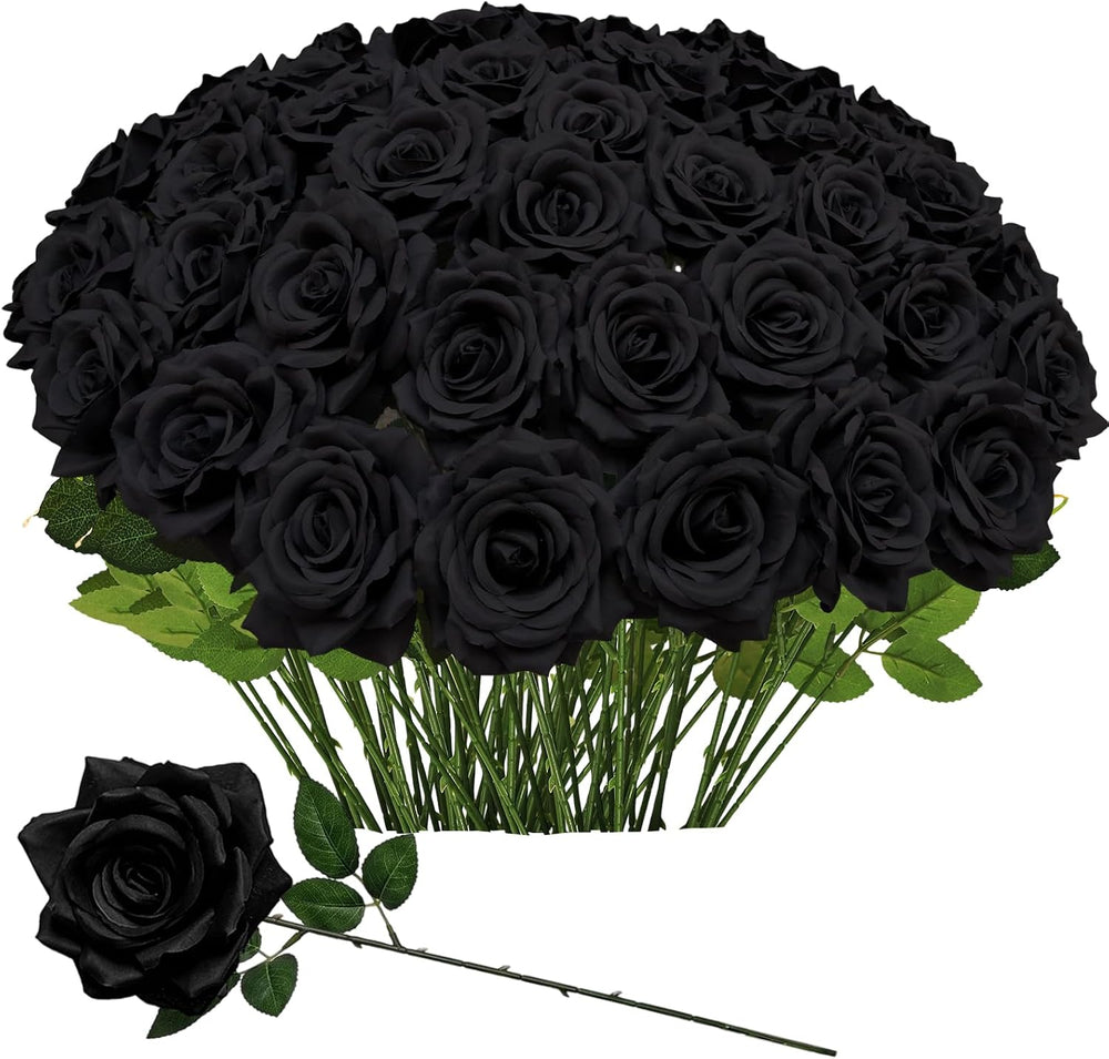 Black Roses Artificial Flowers, 50Pcs 4 Inch Large Fake Roses Bulk